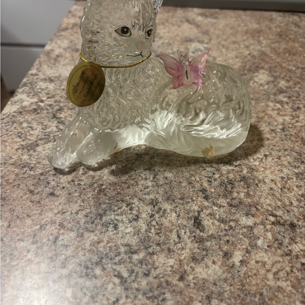 Crystal Cat Figurine with Pink Butterfly Accent